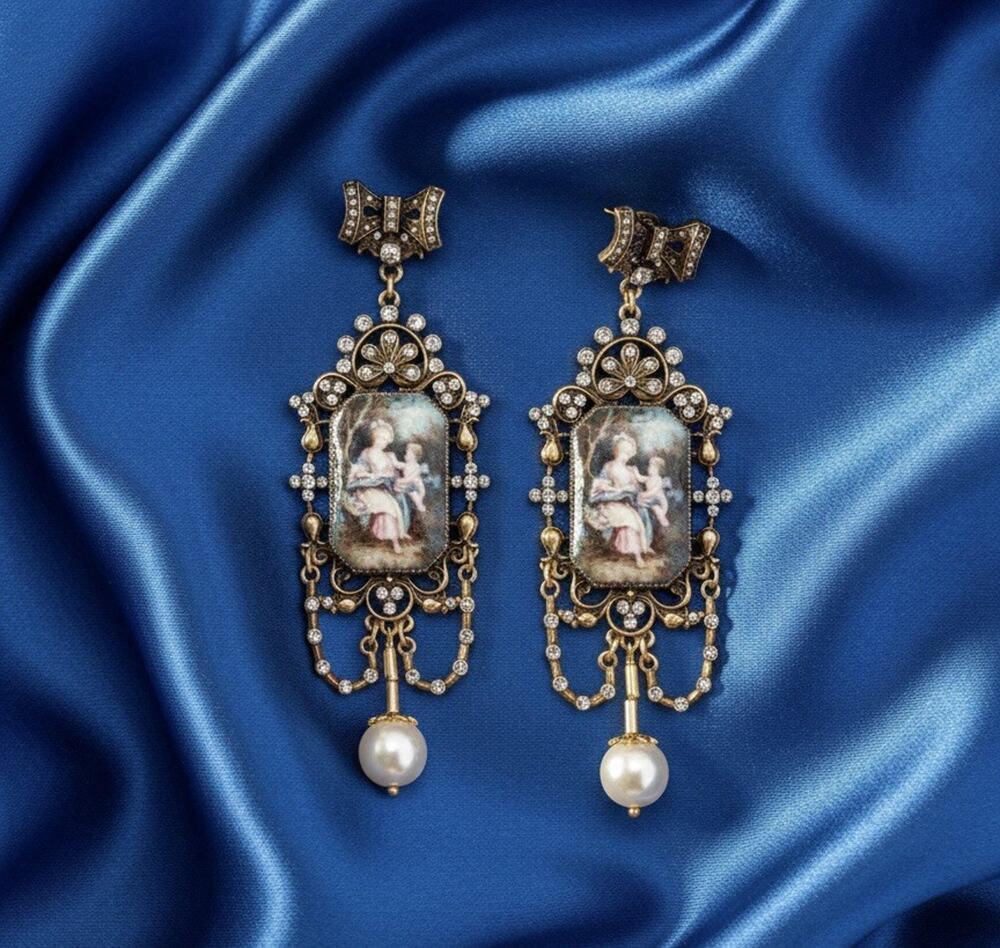 Museum Scene Painting Flower Antique Earrings Angel Bow Court Gold Art CZ VTG